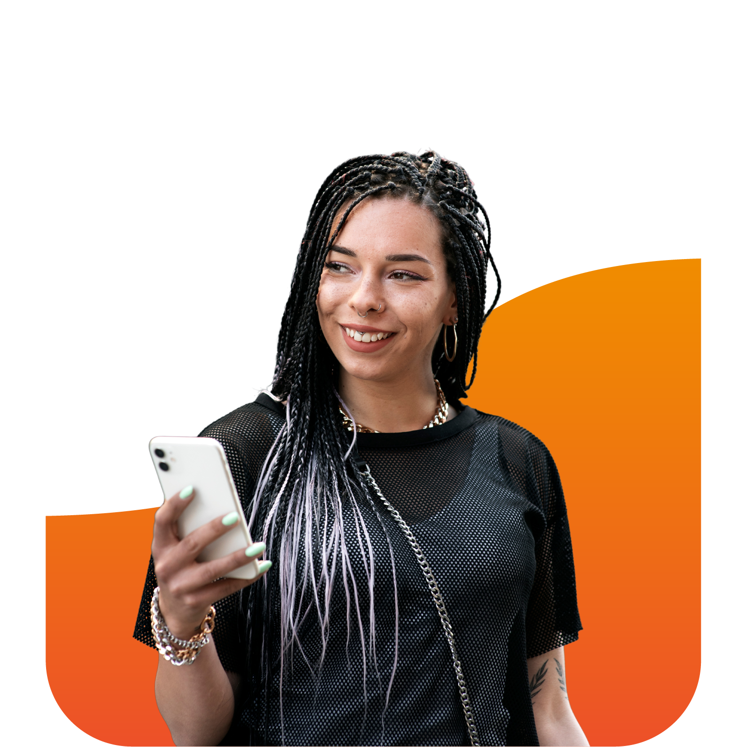 Mujer usando la aplicación Préstamos y Crédito: Huxley
